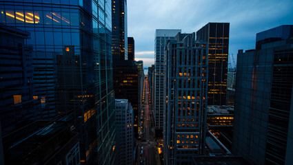 New York City's urban skyline at night features towering glass skyscrapers and illuminated office buildings reflecting the blue sky