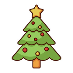 Cartoon Christmas tree icon with star and ornaments isolated on white background