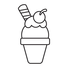 Ice cream coloring page with cherry and wafer stick isolated on white background