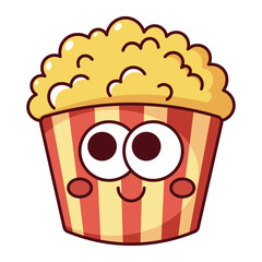 Cute smiling popcorn cartoon icon with red and yellow stripes isolated on white background