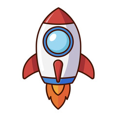 Cartoon rocket icon with red fins and blue window isolated on white background