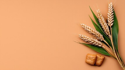 Wheat Stalks and Crackers on Light Brown Background