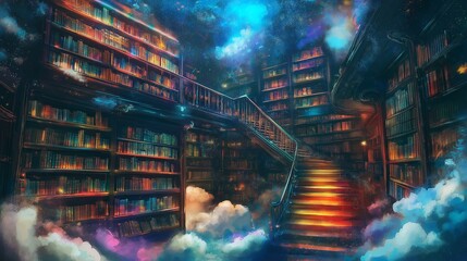 Fantasy illustration of a floating dream library with rainbow-lit books levitating in mid-air, spiral staircases, drifting stars, and clouds replacing floors, symbolizing imagination and endless 
