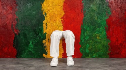 White Pants and Shoes Against a Vibrant Striped Wall