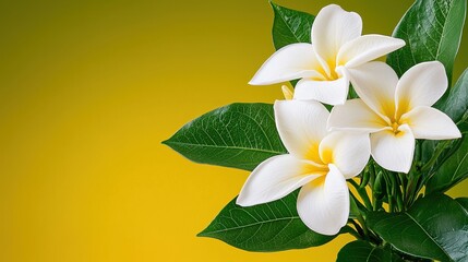 White Plumeria Blossoms with Dew Drops on Yellow Green Background