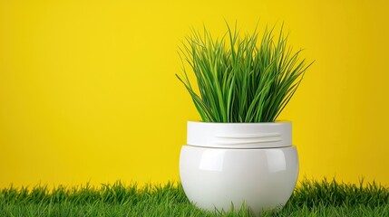 White Pot with Green Grass on a Yellow Backdrop Displaying Artificial Grass
