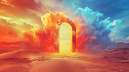 Fantasy illustration of a glowing portal in a multicolored desert opening into four seasonal realms—spring, summer, autumn, winter—simultaneously blending together through one magical archway of time