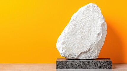 White Textured Stone Sits on Gray Speckled Pedestal Against an Orange Backdrop in Bright Studio Lighting