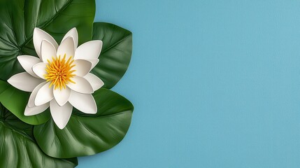 White Water Lily and Green Leaves on Light Blue Textured Background