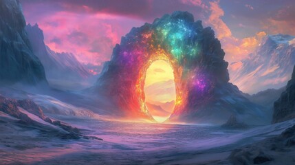 Vivid fantasy illustration of a glowing portal in a multicolored desert, each side showing a different season—spring blossoms, summer sun, autumn leaves, winter snow—blending nature in magical unity