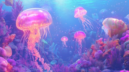 Surreal underwater fantasy scene with glowing pastel jellyfish, giant seashells containing miniature galaxies, and coral forests lit by neon waves, illustrating magical harmony between sea and cosmos