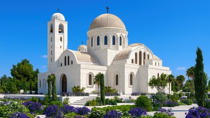 Whitewashed Church with Beige Dome and Purple Flowers under Blue Sky