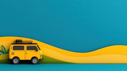 Yellow Camper Van on Wavy Landscape Minimalist Summer Travel Illustration
