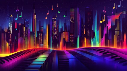 Vibrant illustrated night cityscape where buildings resemble musical instruments, windows glow in rainbow hues, and streets are made of piano keys, symbolizing harmony, creativity