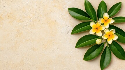 Yellow Flowers and Green Leaves on Beige Textured Background