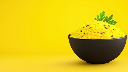 Yellow Rice in Black Bowl Against Yellow Background