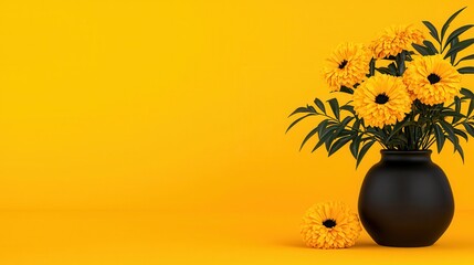 Yellow Flowers in Black Vase Against Solid Yellow Background