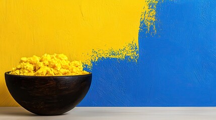 Yellow Pasta in Dark Bowl Against Yellow and Blue Painted Wall