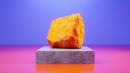 Yellow Rock on Gray Platform Against Purple Pink Background