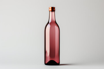 Tall slim transparent red glass bottle standing on white background isolated minimal studio shot