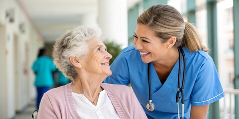 A friendly nurse supports an elderly woman. The careg and patient smile warmly. Positive interaction in a healthcare setting. hospital or clinic environment. Image emphasizes care and compassion