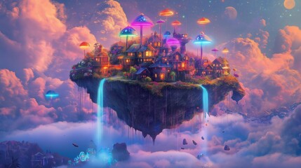 Vibrant fantasy illustration of a floating island filled with glowing mushroom houses, rainbow-colored neon waterfalls, and luminous plants in the sky, symbolizing creative imagination and magical 