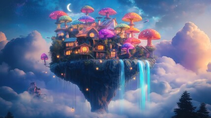 Illustrated floating island with whimsical mushroom-shaped houses, glowing pastel flowers, and neon-colored waterfalls cascading through clouds, symbolizing fantasy, peace, and imaginative harmony