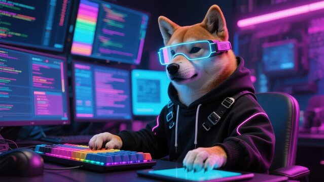 Shiba Inu Dog Gamer in NeonLit Gaming Setup.