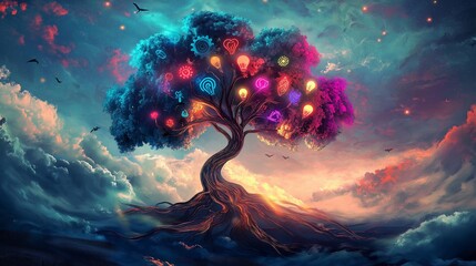 Illustrated image of a vibrant multicolored tree with glowing symbolic leaves growing in all directions, roots forming rivers of color flowing across a surreal dreamscape, symbolizing imagination 