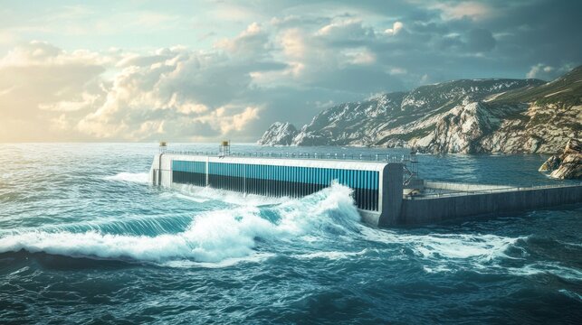 A concept image of an ocean wave energy farm generating renewable electricity