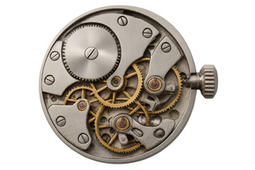 Intricate clockwork mechanism with interlocking gears, revealing the complex inner workings of a timepiece, isolated on transparent background