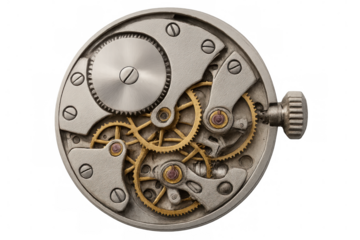 Intricate clockwork mechanism with interlocking gears, revealing the complex inner workings of a timepiece, isolated on transparent background