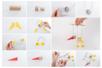 Educational bird puppet creation using recycled household materials for parenting blogs, DIY channels, school art programs, toy manufacturers, and sustainable education businesses