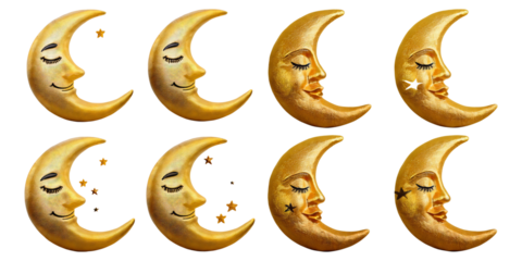 Artistic Moon Illustration Set with Charming Expressions and Stars, Isolated on Transparent, white background