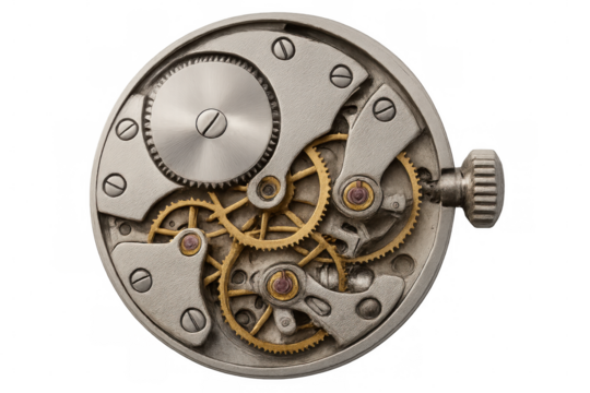 Intricate clockwork mechanism with interlocking gears, revealing the complex inner workings of a timepiece, isolated on transparent background