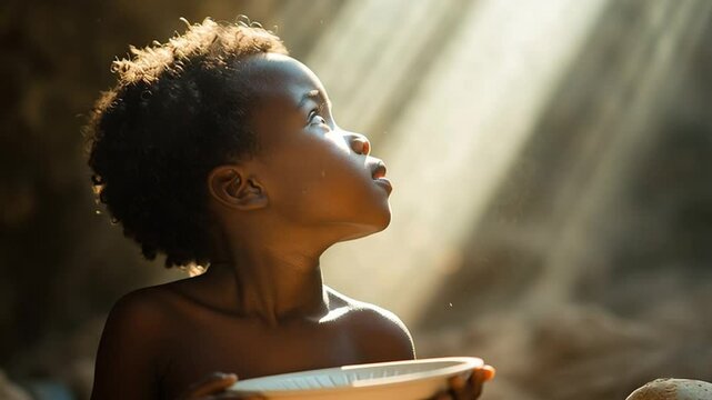 Sunlit Child's Gaze: An African child, bathed in a sunbeam, gazes upward with a look of hope and wonder, holding a simple bowl that carries both dignity and aspiration.