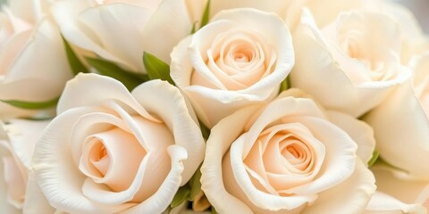Obraz premium Close-up vector illustration of a realistic bouquet of white roses with pastel leaves; perfect for wedding invitations, realistic, elegant