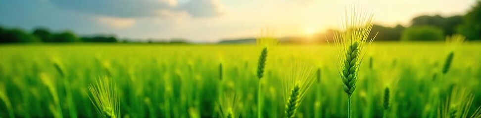 Fototapeta premium Sunlit Wheat Field Gently Swaying in Summer Breeze, Picturesque Agricultural Landscape, Untouched Nature