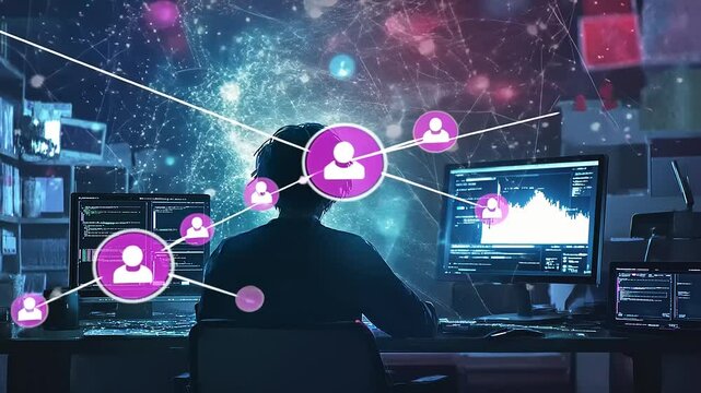 A data analyst working late at night, analyzing digital graphs and connecting with virtual users online