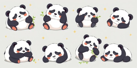 Cute pandas in various sleeping poses, some with bamboo, displaying happy and sad expressions Simple, flat vector illustrations,  element,  image