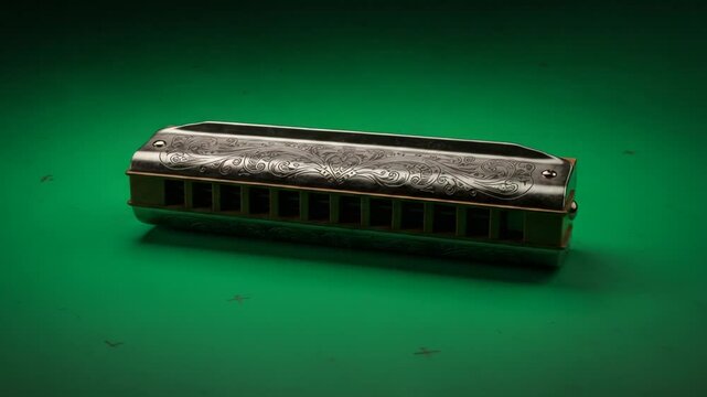 Vintage harmonica on green backdrop showcasing intricate design