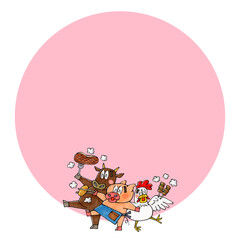 食肉のキャラクター(豚、牛、ニワトリ)　コピースペース
