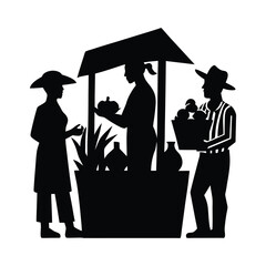 Obraz premium Farmers Silhouette Discussing Crops at Rural Market