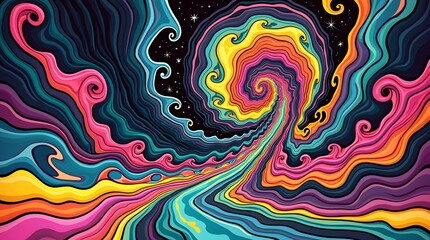 Vibrant whimsical illustration showcases a mesmerizing swirl of bright, layered, colorful, flowing