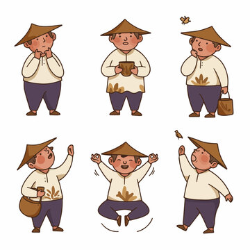 Southeast Asian Cartoon Character in Traditional Hat Poses Set