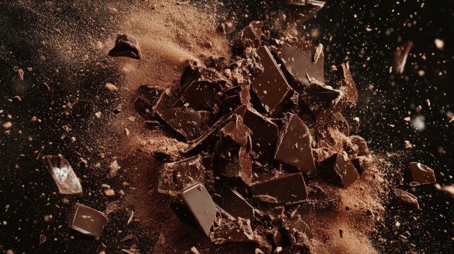 Explosion of dark chocolate shards, cocoa powder burst, dramatic food photography, floating chocolate pieces, rich brown tones, black background, high-speed capture, cinematic lighting, particles in