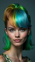 Fototapeta premium Split hairstyle with one half in lush forest green and natural brown tones and the other in metallic silver and neon blue, symbolizing nature and modern tech.