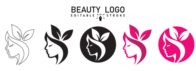 beauty woman logo silhouette color and stroke vector, female icon, woman Face logo