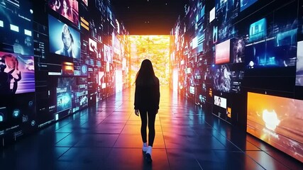 A person walking through a digital corridor filled with vibrant screens showcasing various media - Powered by Adobe