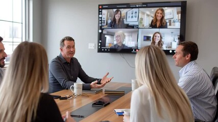 team gathered in conference room with screen showing remote colleagues on video call - Powered by Adobe